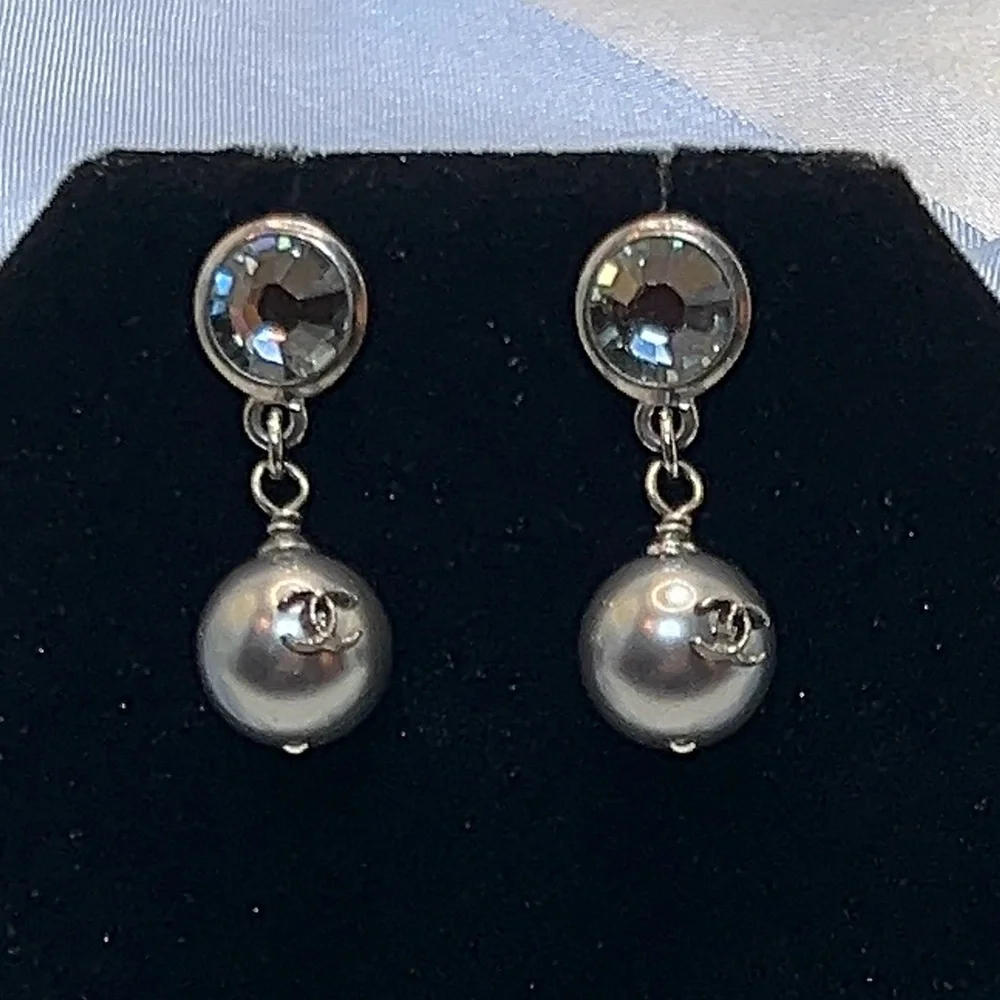 Chanel Silver Crystal and CC Pearl Drop Earrings